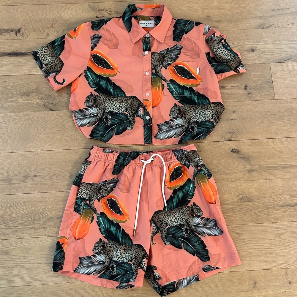 Mavrans Fruta Bomba Cropped Top Shorts Set Vacation Leopard Coral Size Small - Picture 2 of 16